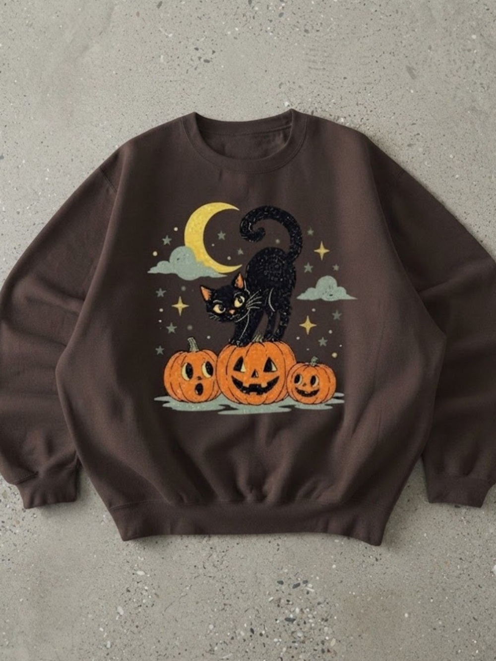 Cat Pumpkin Halloween Brown Cotton Gildan Sweatshirt